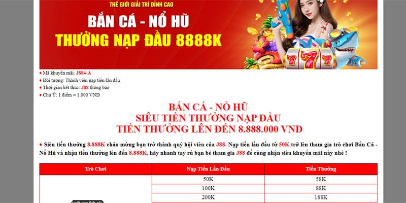 Chính sách ưu đãi lần nạp đầu cho người chơi bắn cá - nổ hũ J88